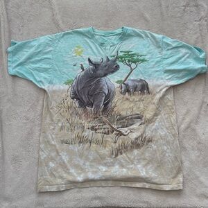 Vintage 1998 Liquid Blue Brian Fox Double Sided Rhino Print Tee Shirt